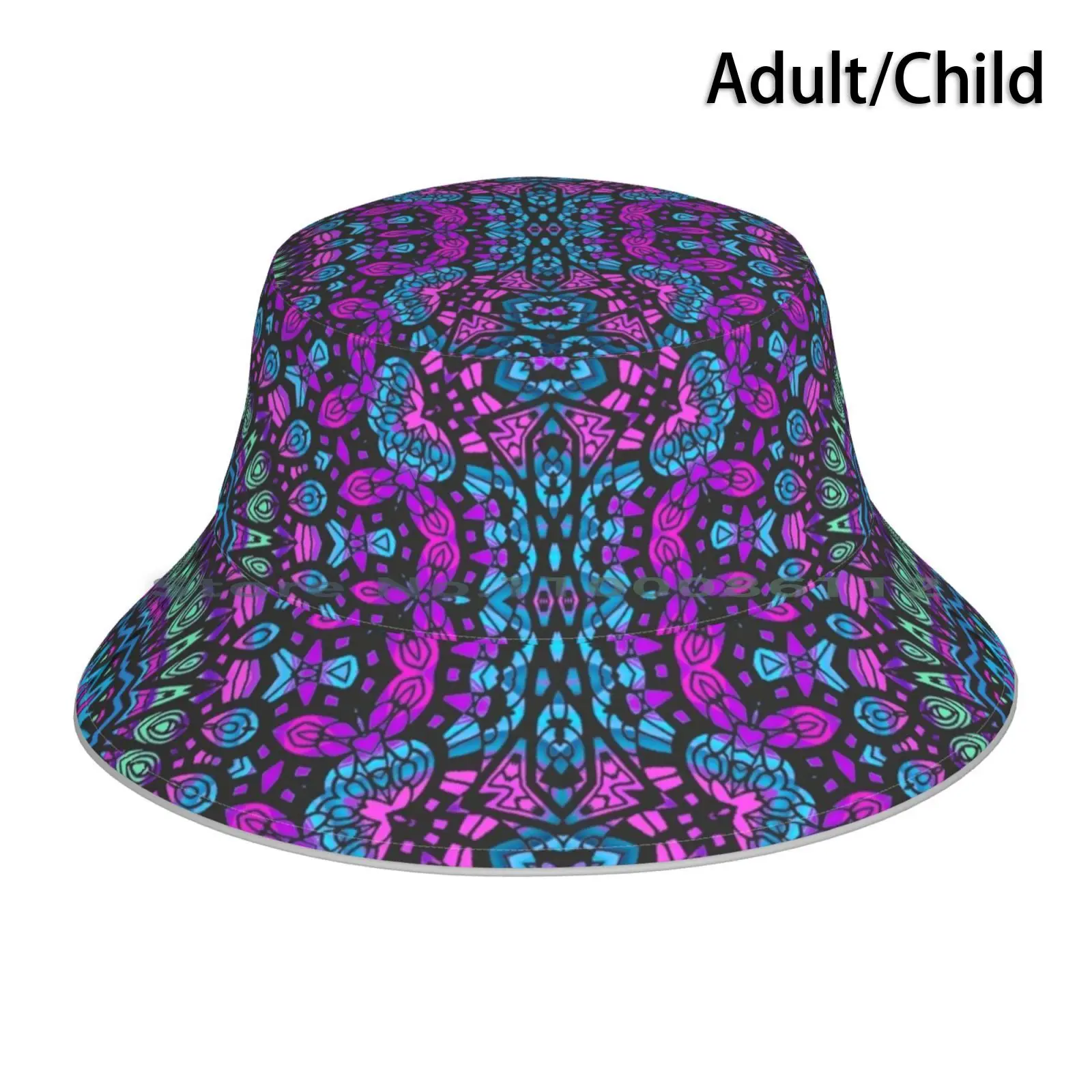 Violet Pattern Bucket Hat Sun Cap Violet Zentangle Pattern Bohemian Kaleidoscope Lilac Purple Pastel Mandala Boho Gypsy Zendala