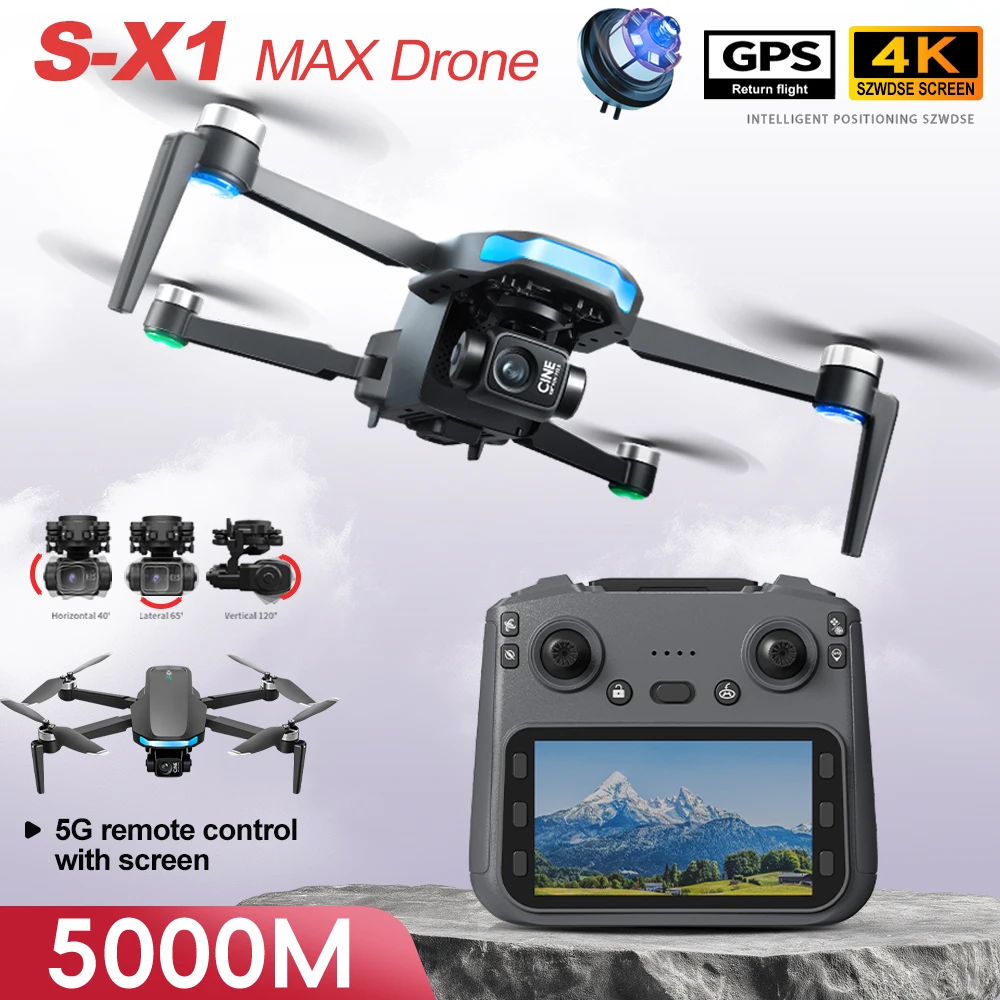 S-X1 MAX 드론 4K 프로페셔널 HD 듀얼 카메라 3축 짐벌 GPS 드론 5G WIFI FPV 접이식 쿼드콥터 브러시리스 스크린 RC 장난감