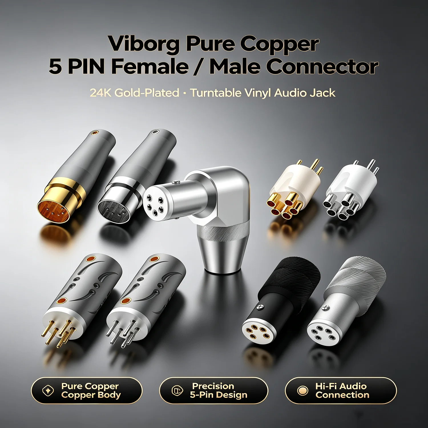 Viborg LP105G LP105R LP106R 24K Gold‑Plated Copper 5‑Pin DIN Female Jack Turntable Vinyl Record Player Audio Connector Insulator