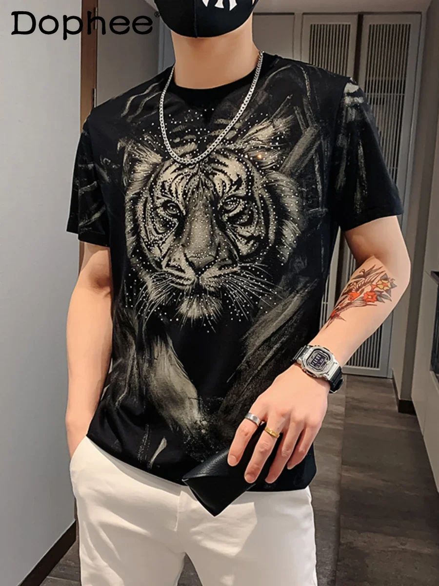 

Men's Hot Rhinestone Short Sleeve Round Neck T-shirts Summer 2024 High-End Trendy Male Tiger Printed T-shirt Men's Slimming Tops