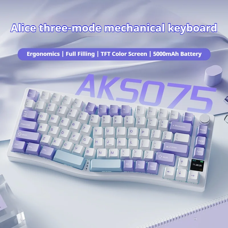 Ajazz AKS075 Wireless Three Mode Bluetooth 2.4g Mechanical Keyboard Ergonomics Via Screen RGB Gaming Office Customized Keyboard