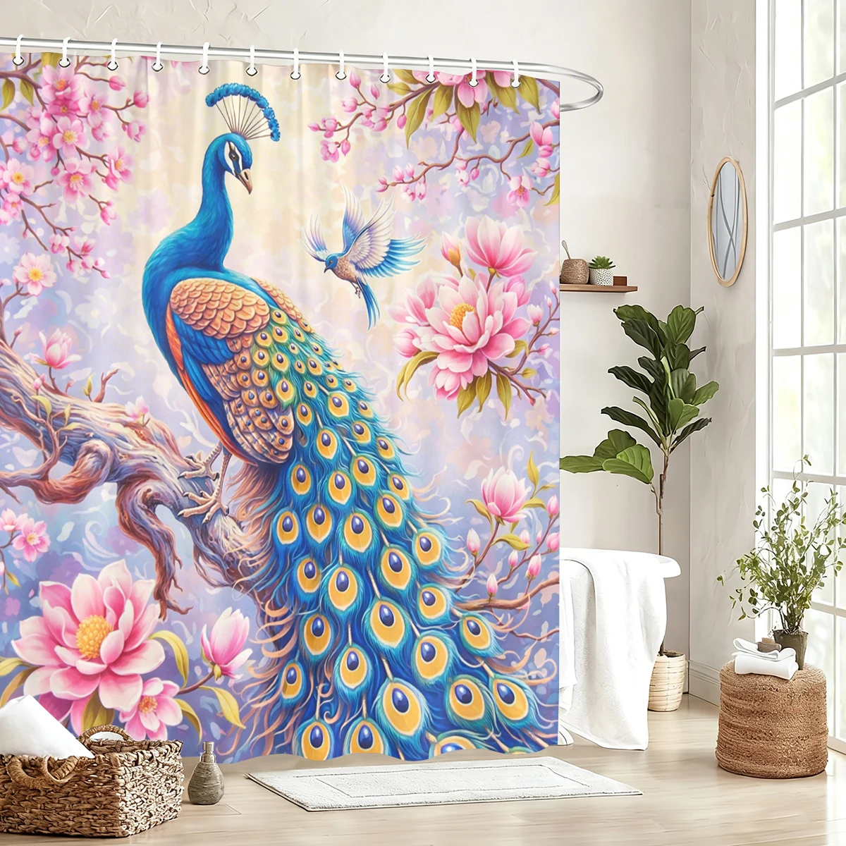

Exquisite Peacock & Floral Pattern Polyester Shower Curtain - Decorative Bathroom Partition, Stylish Bath Linen for Home Use