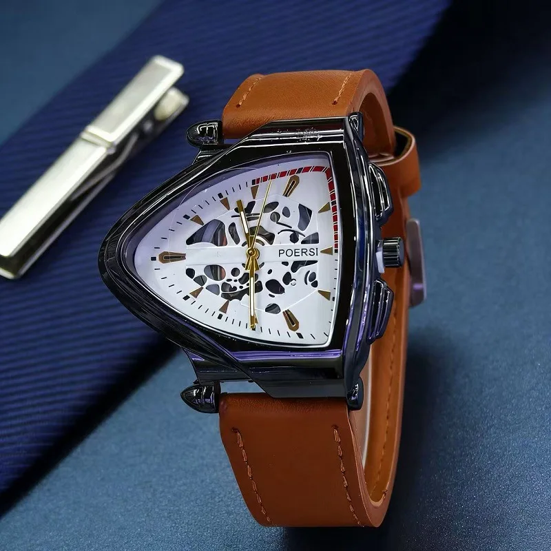 

New Fashion Luxury Man Triangular Hollow Leather Fake Mechanical Watch Men Business Sports Quartz Watches Gifts Male Wrist Clock
