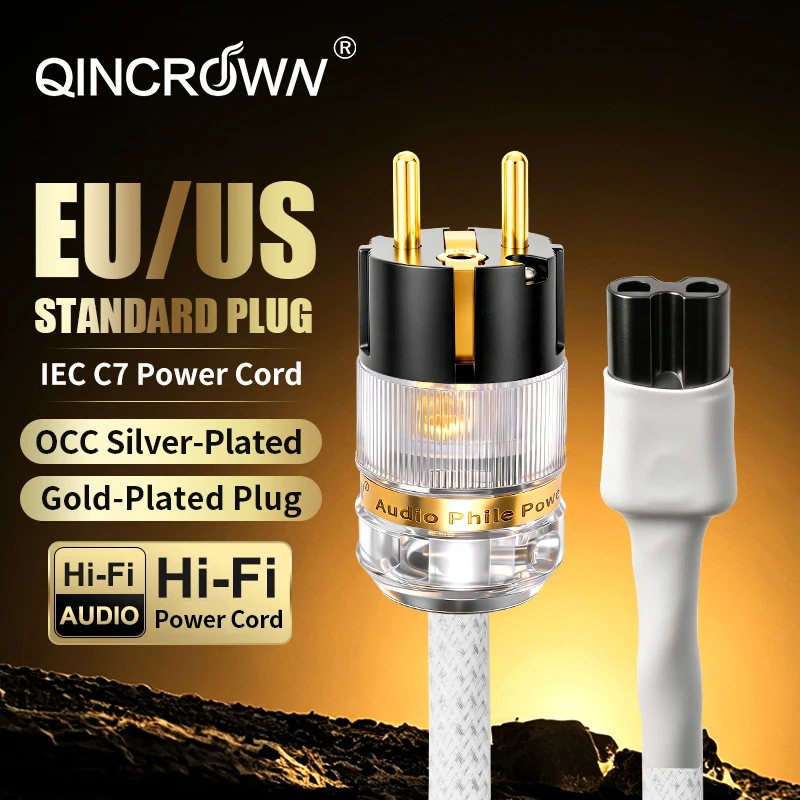 High-End Single Crystal Copper Silver Plated IEC C7 Power Line, 24K Gold Plated EU US Plug Figure 8 Audio Cable