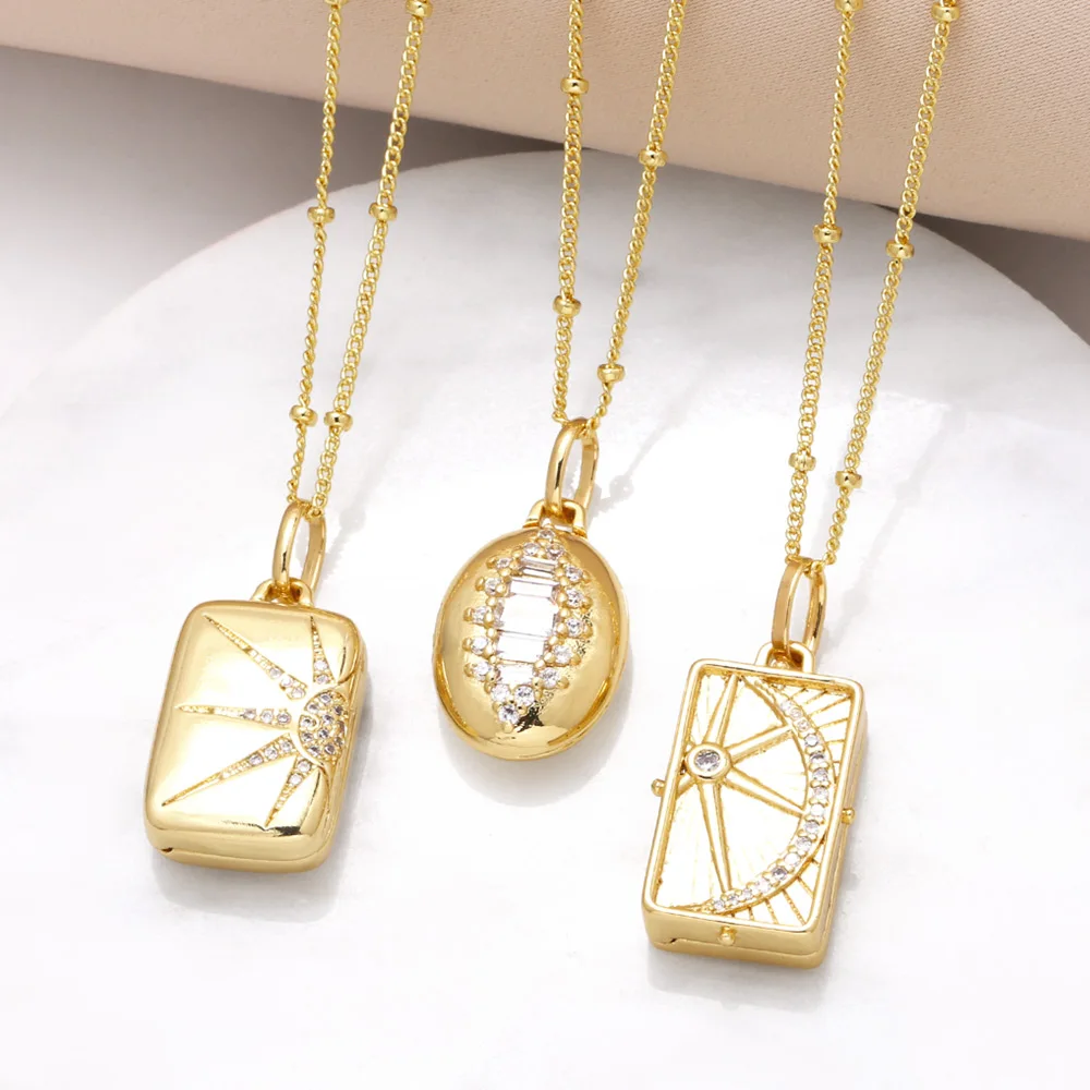 FLOLA Copper CZ Crystal Moon Sun Necklace for Women Gold Plated Locket Necklace Dainty Jewelry Gifts nkeb313