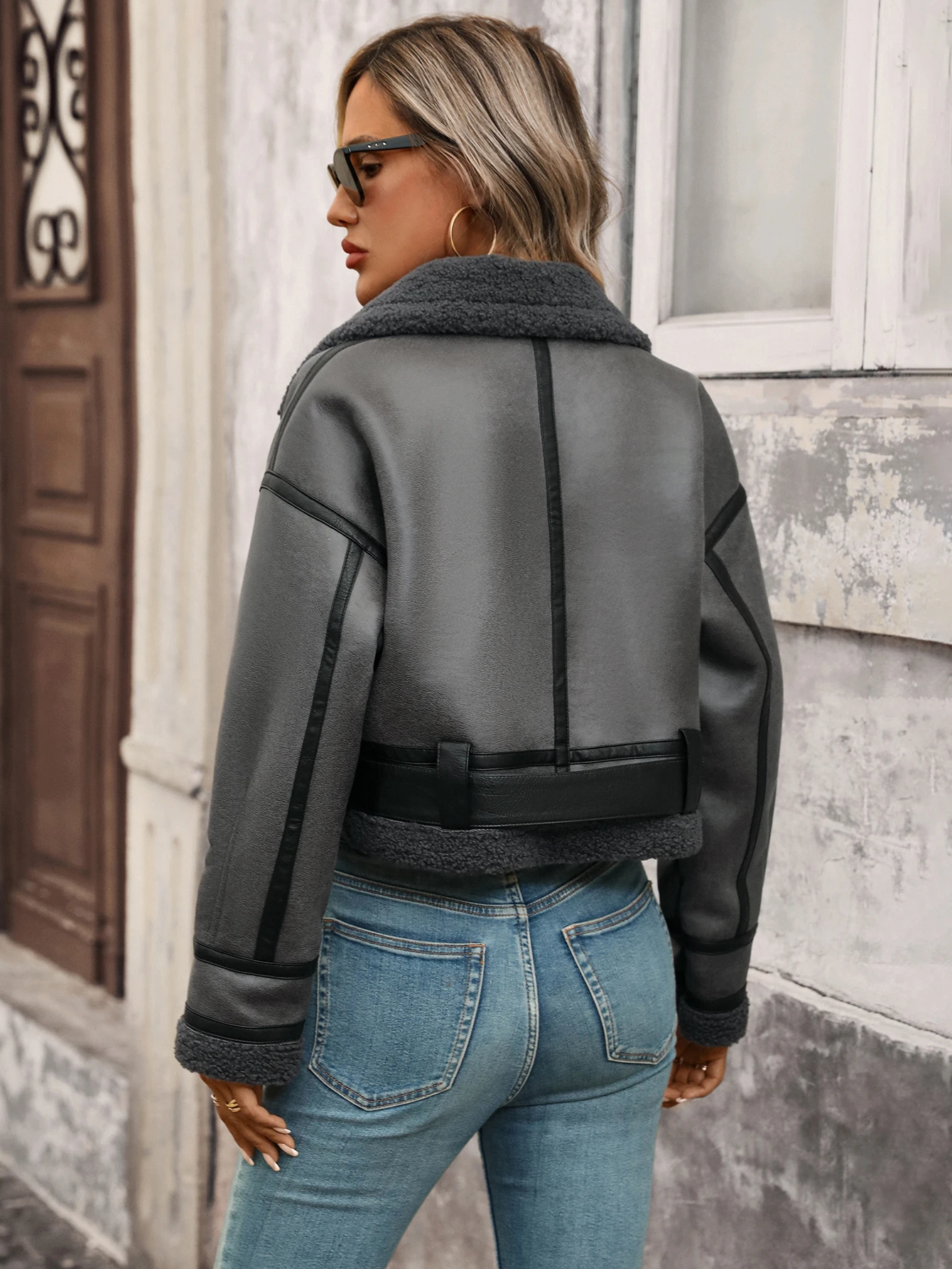 الشتاء النساء فو لامب الفراء سترة قصيرة التلبيب سستة منفذها معطف الطيار