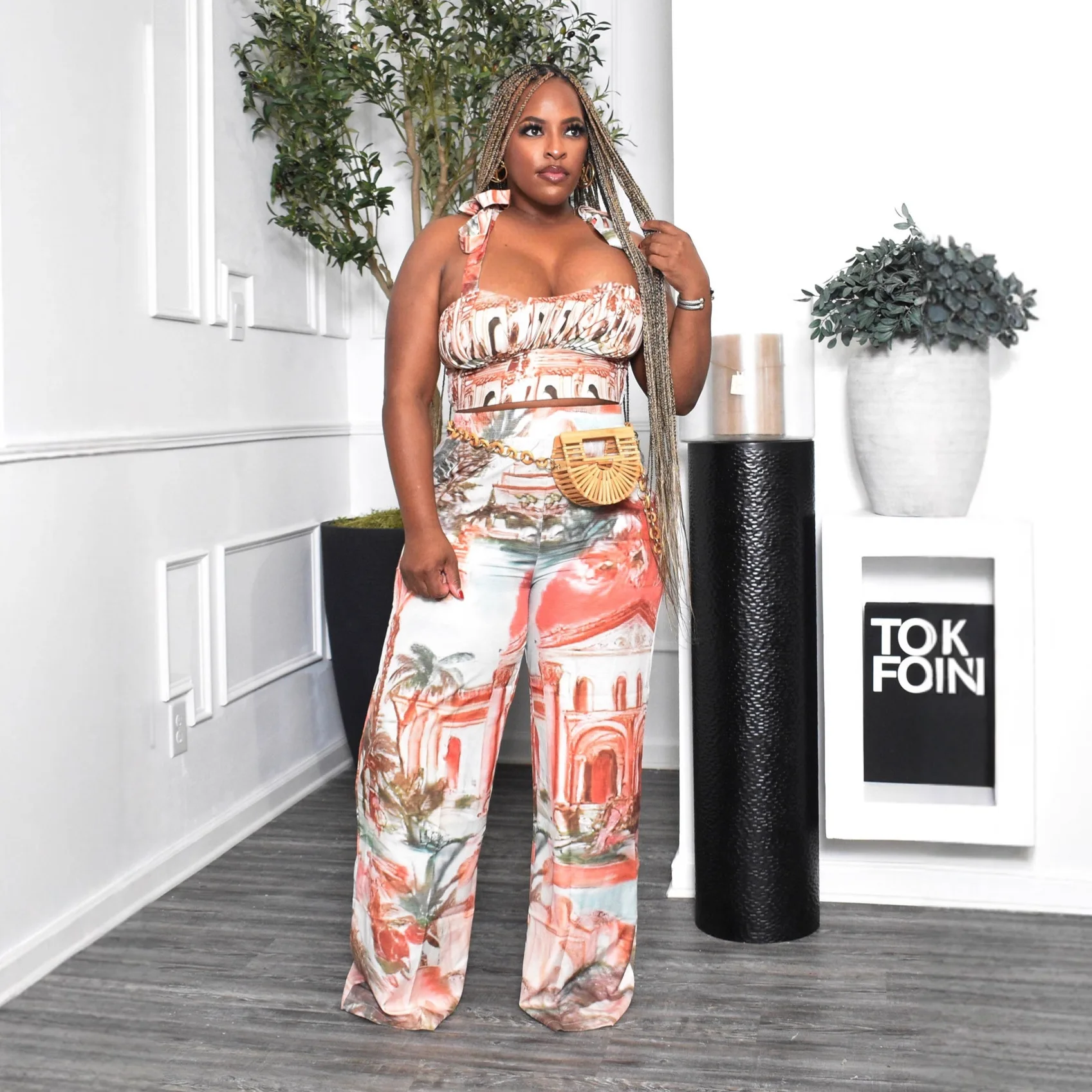 

Two Pieces Women Pant Sets Print Pleated Matching Set Sleeveless Top Elastic Waist Full Length Wide Leg Pants Casual 2026 Summer