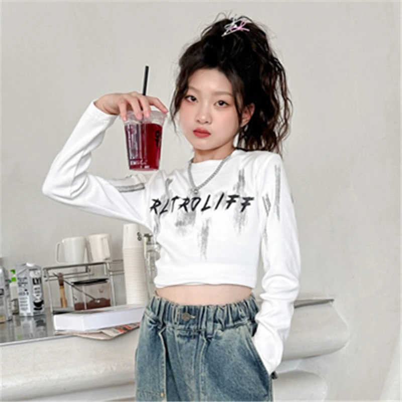 Children's Clothing Long Sleeve Casual T-Shirt for Kids Girls Cotton Tees Tops Baby Letter Print Tshirt 5 6 7 8 9 10 11 12 13 14 image 2
