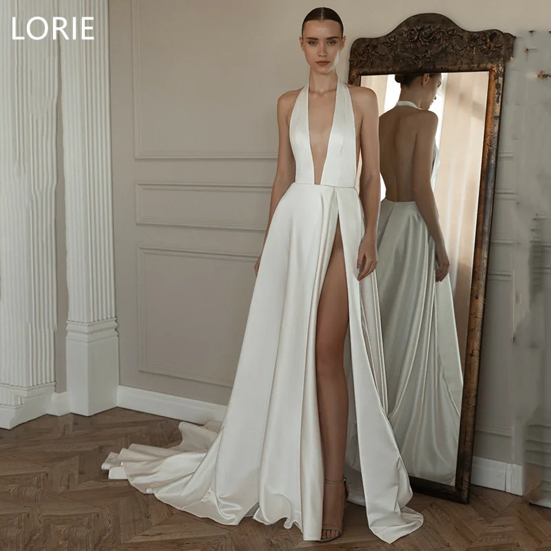 

LORIE A-line V-Neck Wedding Dresses Strapless Soft Bridal Gowns Side Split Sleeveless Vintage Country Wedding Gown Customized