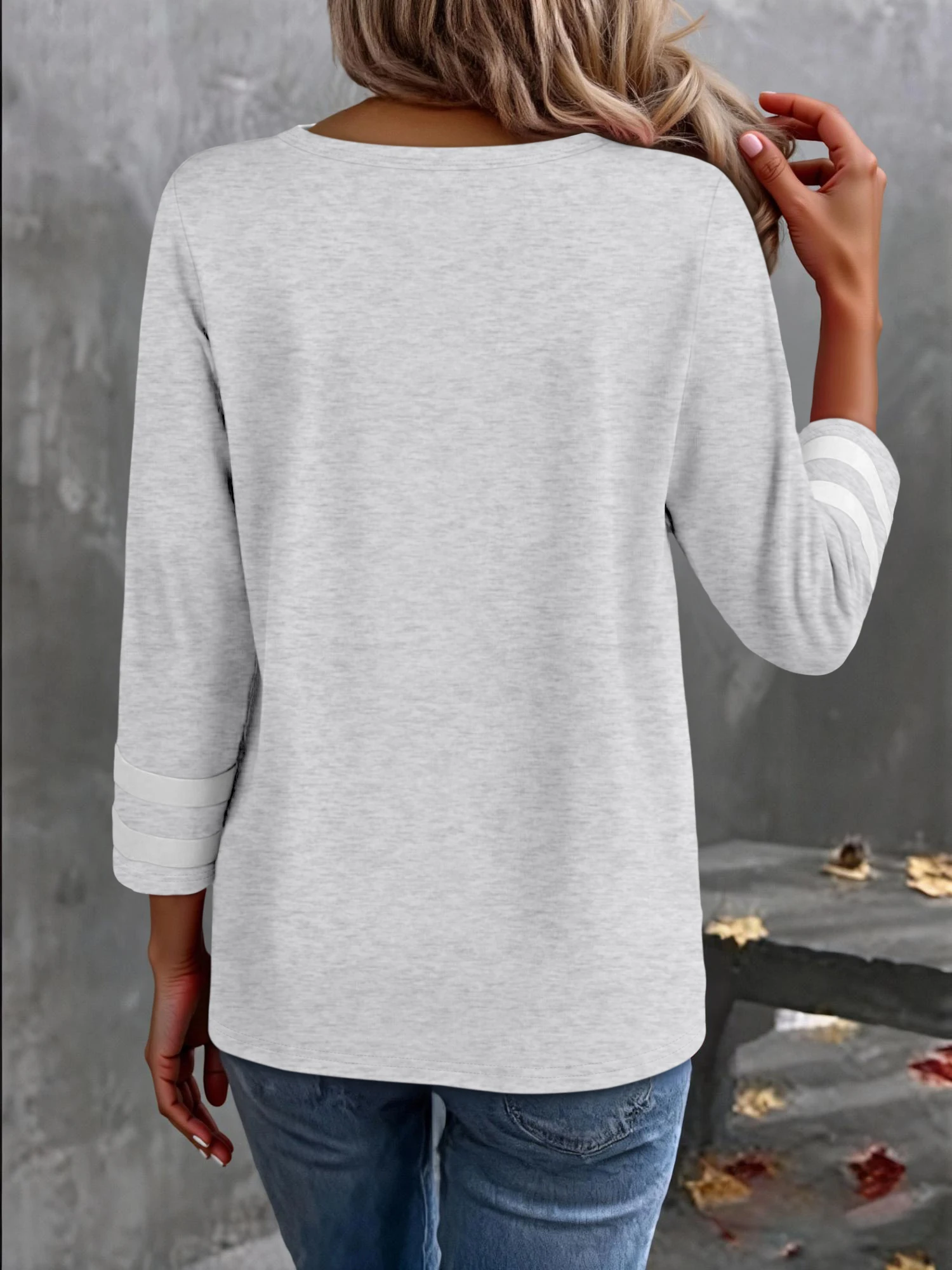 Women Spring Daily Casual Tops Contrast White V‑Neck 3/4 Length Sleeve Double Striped Cuff Soft Loose Shirts
