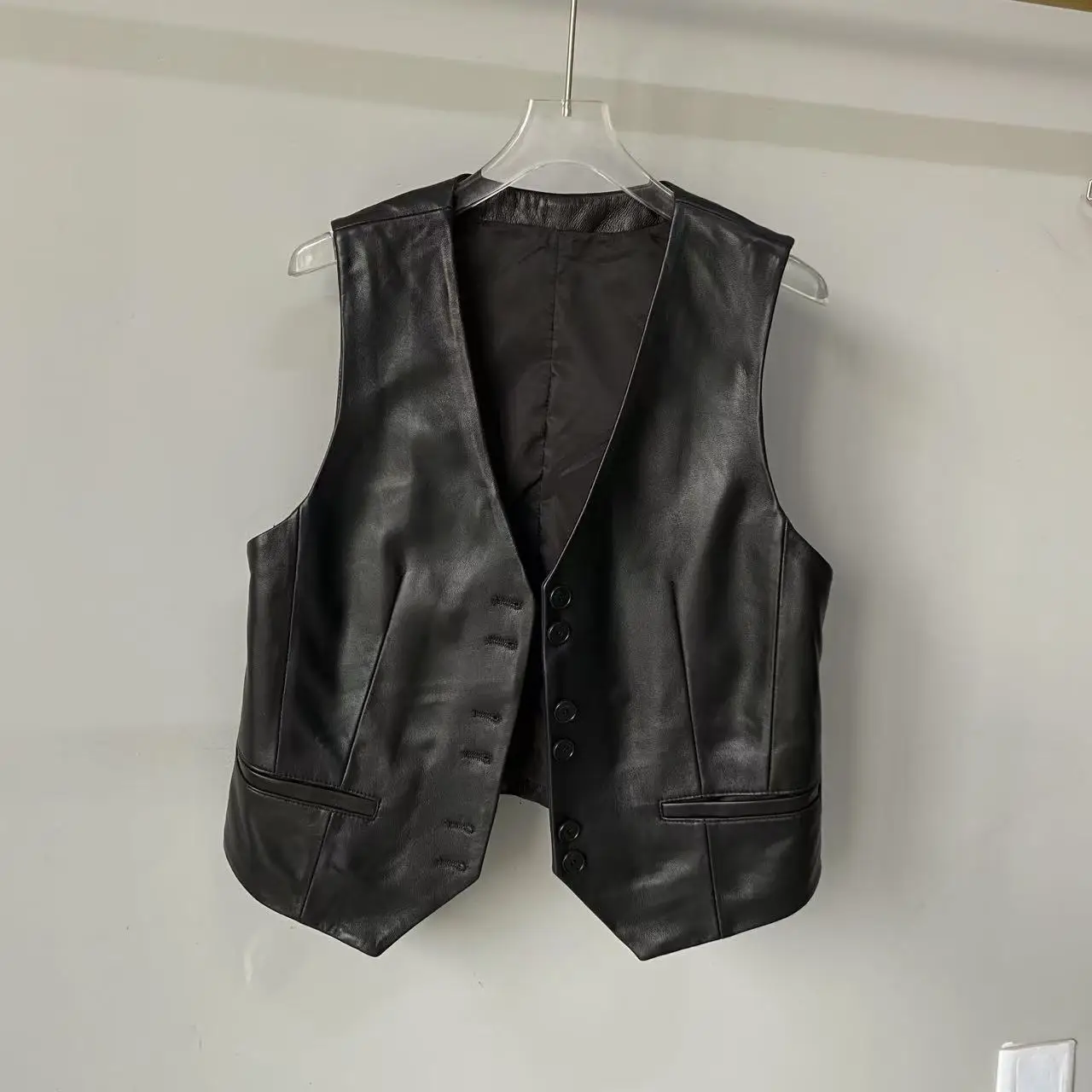 2025年秋新作 レディースファッショナブルレザー シープスキンベスト スタイリッシュ多用途ジャケットコート Vネック シングルボタン マルチボタン