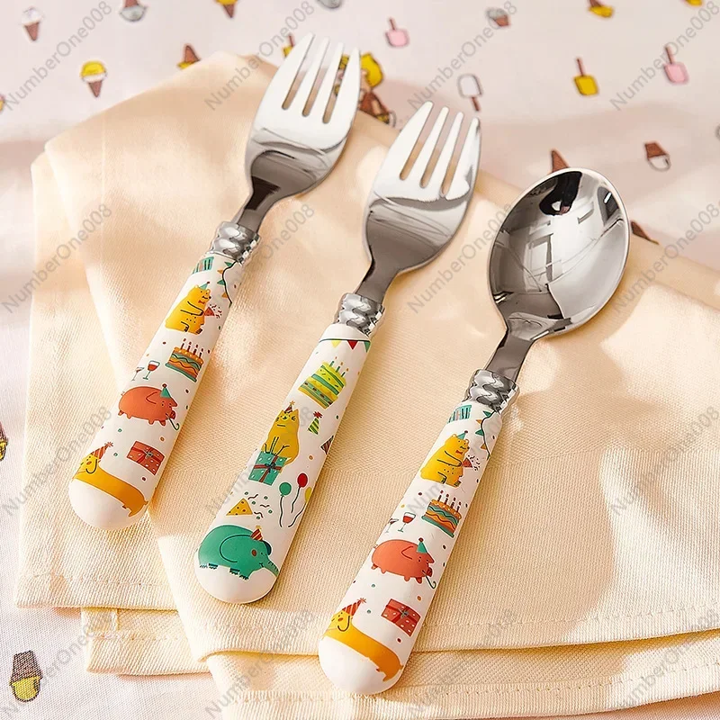 Circus Series, Children's Fork and Spoon Set 304 Stainless Steel Baby Eating Household Fork and Spoon Cute Tableware