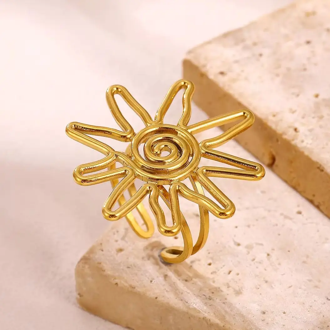 Klassische Spiral-Sonnenringe für Frauen, minimalistischer, geometrischer, offener, verstellbarer Ring aus Edelstahl, für Geburtstagsfeiern, Alltagsschmuck