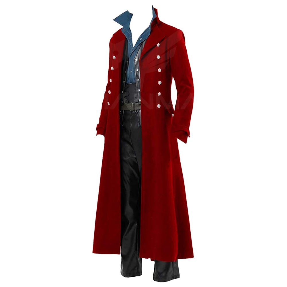 Adult Men Retro Steam Punk Cosplay Gothic Fantasy Red Coat Long Jacket Outfits Halloween Carnival Party Suit