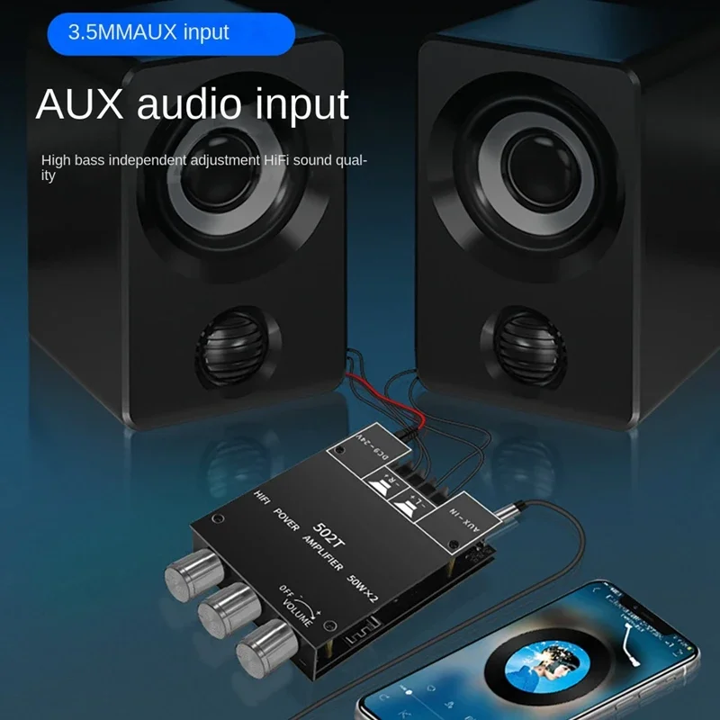 ZK-502T Amplificador De Áudio De Alta Potência, Receptor Bluetooth 5.0, Placa Estéreo, Dual Channel, 2x50W, TPA3116D2