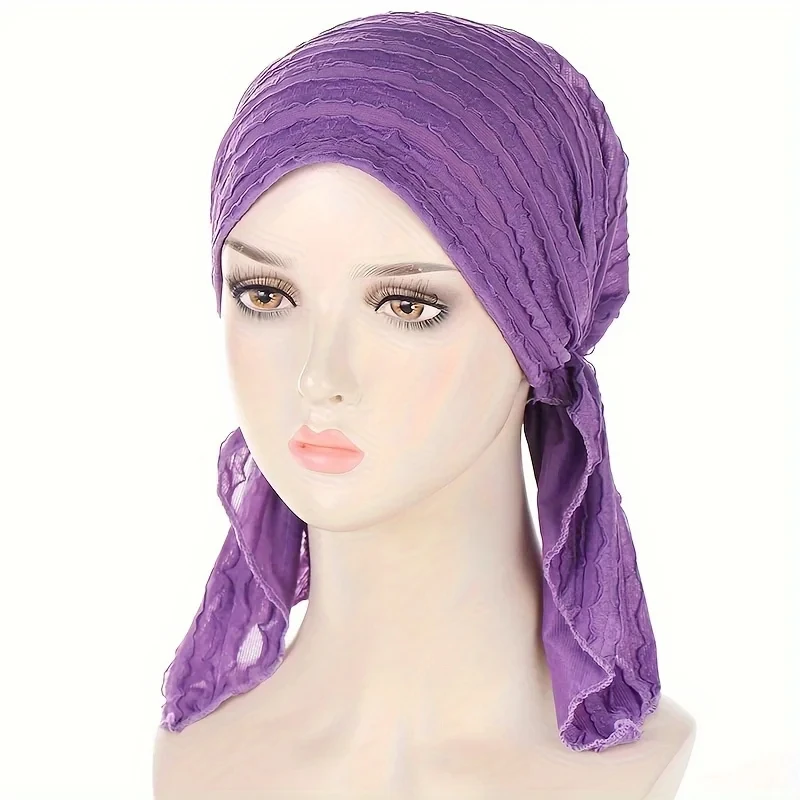 2024 New Women\'s Hijab Ruffle Trim Breathable Pleated Head Scarf Cap Breathable Hair Cap Fashionable Turban Multicolor Available