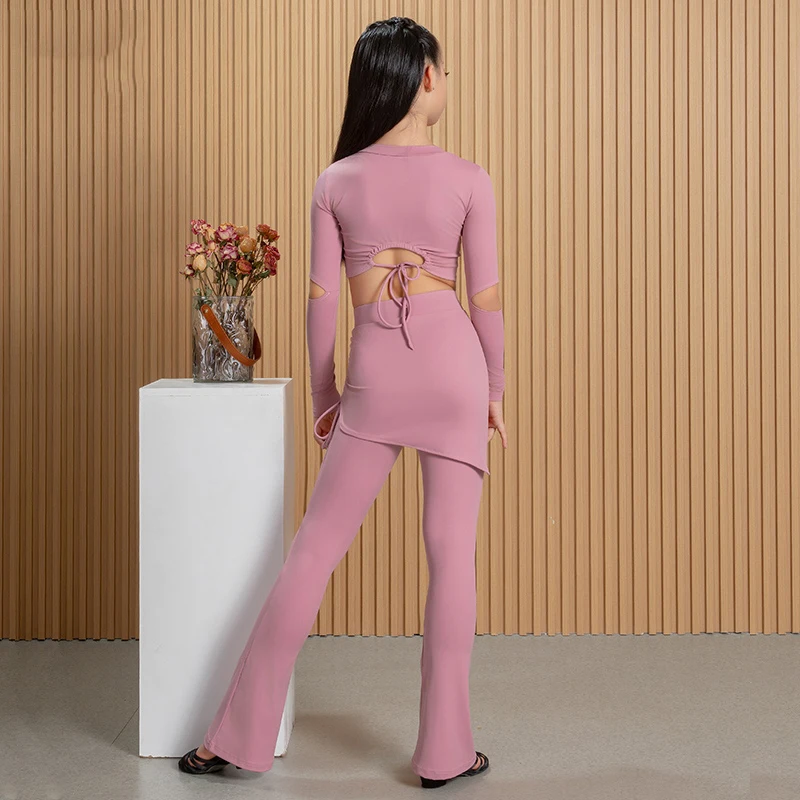 2025 ropa de práctica de baile latino para niños, Top de manga larga, pantalones de cintura alta, traje de Yoga Samba Chacha Tango, ropa latina para niñas DN21717