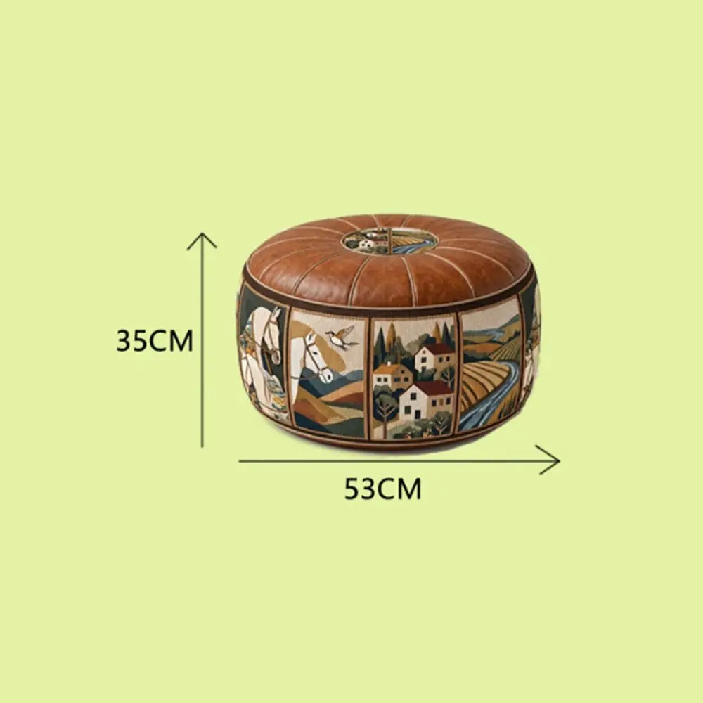 New Boho Pattern Ottoman Pouf PU Leather Large Opening Storage Ottoman Water Resistant Fillable Design Round Pouf Cover Home Use view 6