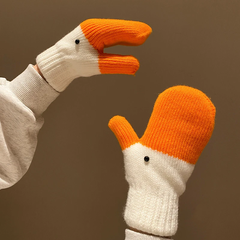 Creative Funny Big Goose Knitted Gloves Women Winter Warm Fleece-lined Thickened Cold-Proof Student Riding Driving Mittens