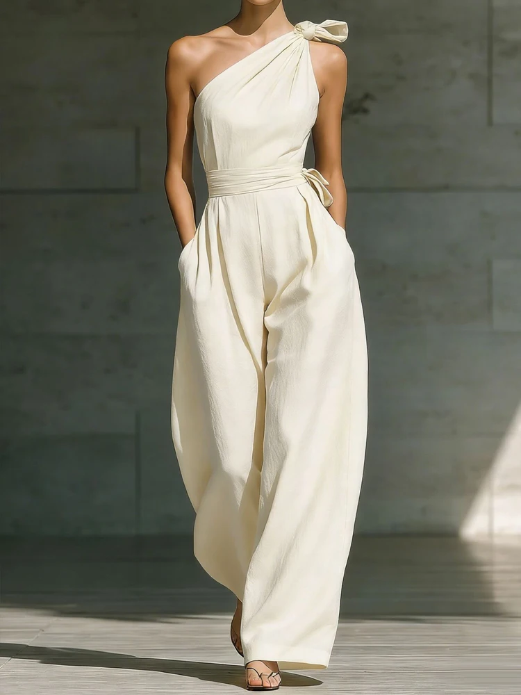 

Women Fashion Lace-Up Hight Waist Rompers Casual Sleeveless Wide Leg Party Playsuit Sexy Slanted Shoulder Draped Long Jumpsuits