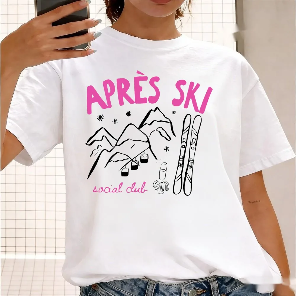 Hand Drawn Alpine Ski Graphic Tee Women Après Ski Social Club Quote Mountain Gondola Champagne Soft Girly Trendy Casual T-Shirt
