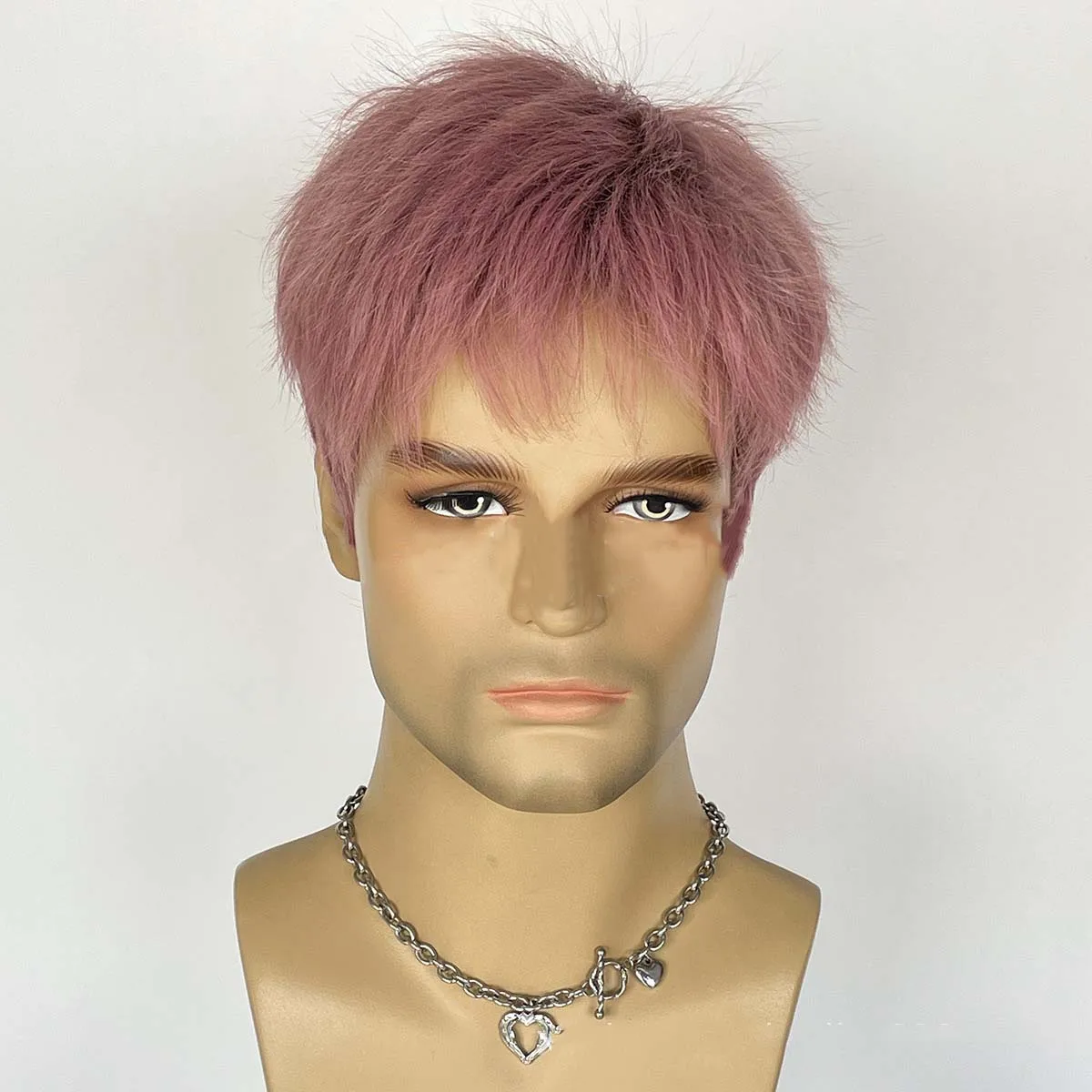 Short Pixie Cut Synthetic Pink Wigs for Men Natural Straight Layered Wig Daily Hair with Fluffy Bangs Heat Resistant Fiber