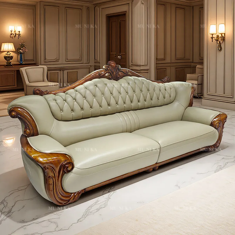 European-style genuine leather sofa, large villa with a large flat unit 124 combo on the first floor, genuine wood living room l