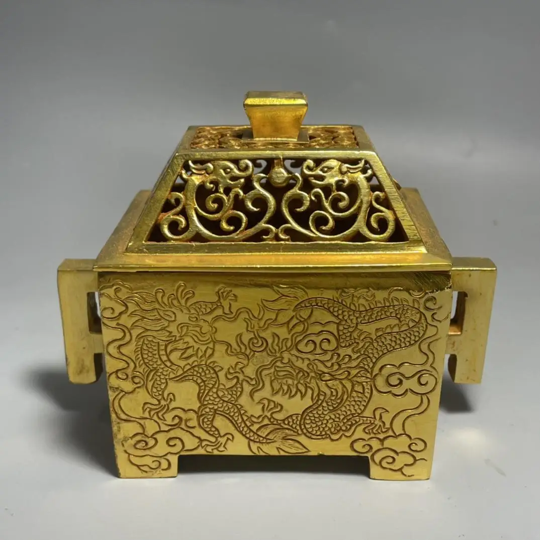 Vintage Dragon Carved Alloy Copper Openwork Lid Xuande Square Incense Burner Old Collection Home Decor Collectible
