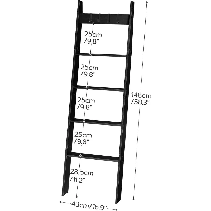 Blanket Ladder for Living Room and Bedroom, 5-Tier Wall Leaning Towel Rack for Bathroom, Decorative Ladder Shelf with 4