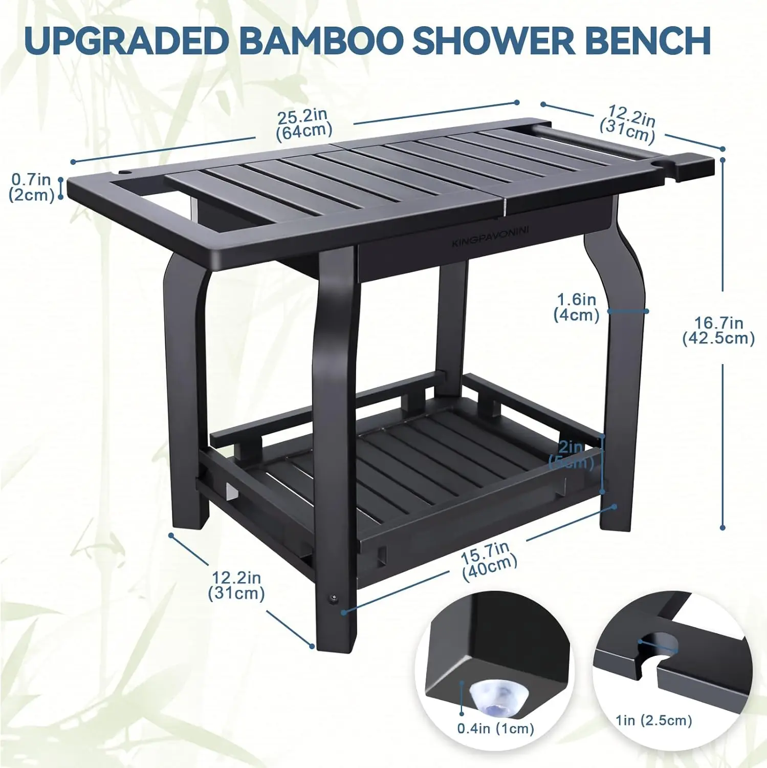 2-Tier Bamboo Shower Bench For Inside Shower Shaving Legs, 25 Inch Waterproof Bathroom Bench Shower Stool With Storage Shelf,