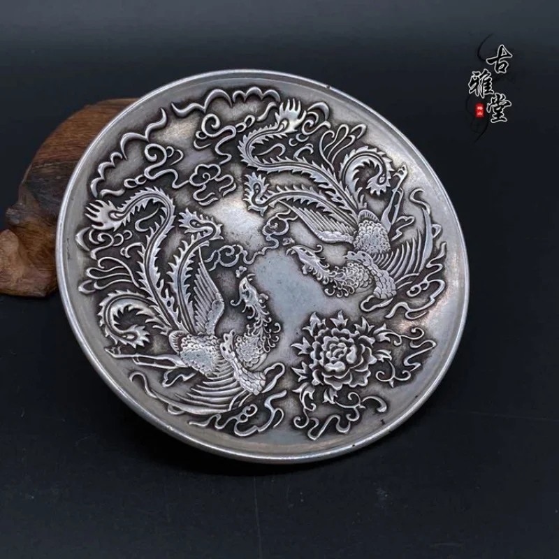 Vintage embossed mythical creature , double phoenix plate, , pet, copper tea coaster, decorative piece, g