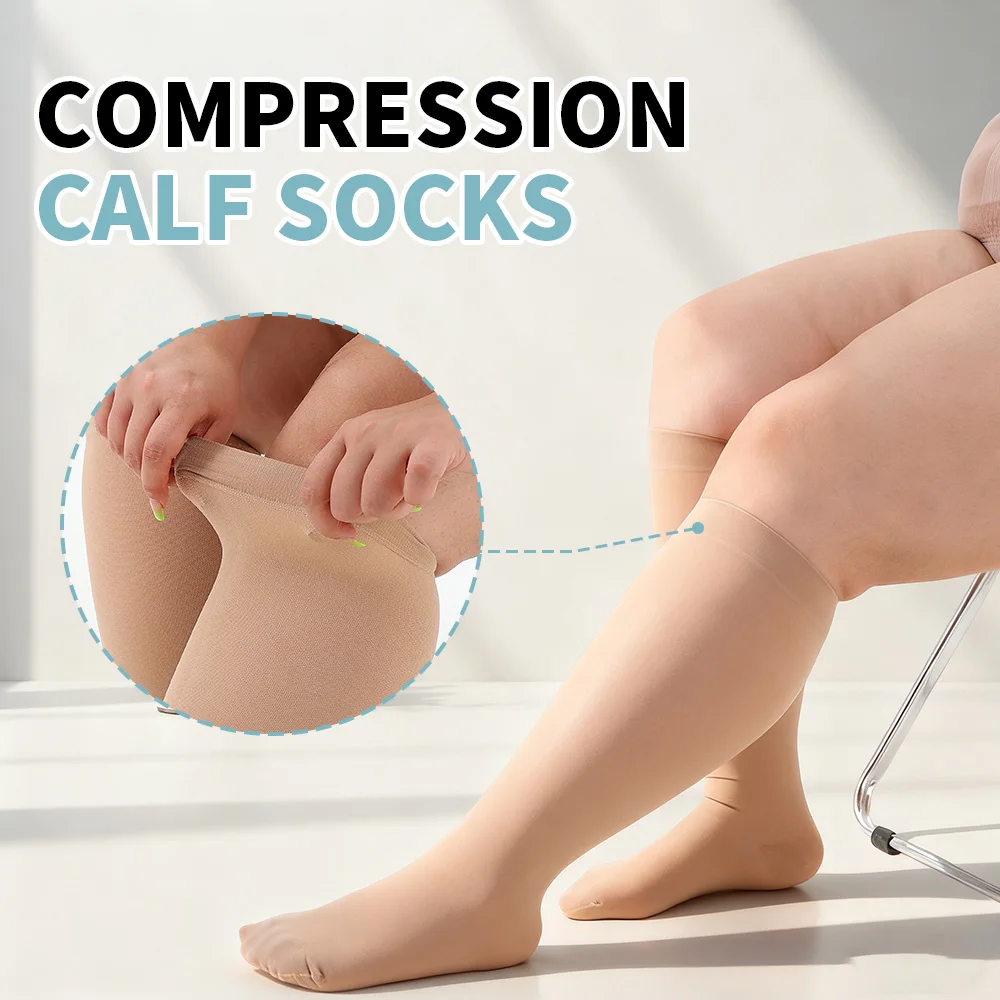 Legbeauty Beige Color Plus Size Varicose Veins Socks 20-30 mmHg Knee High Compression Stockings Unisex Therapeutic Leg Brace