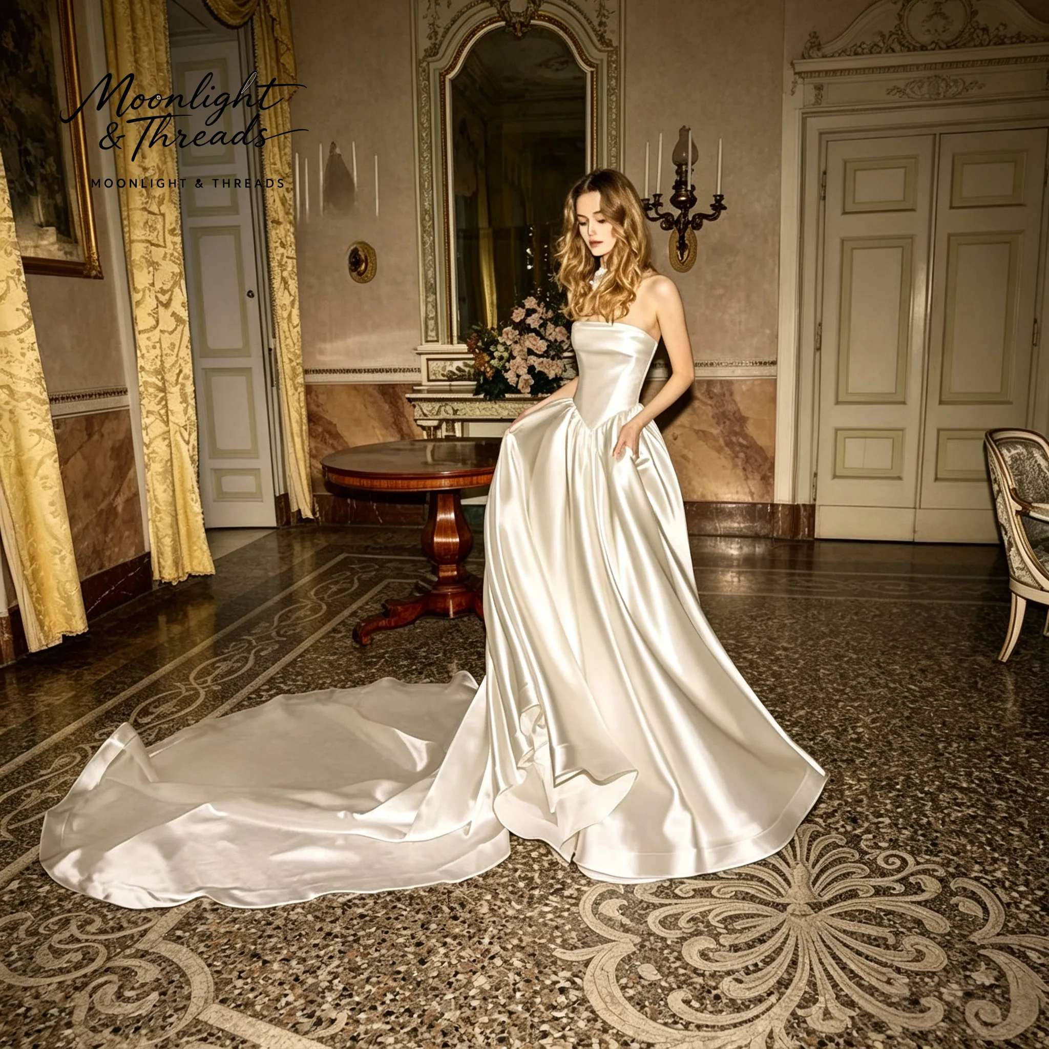 Grace lvory white satin strapless sleeveless A-line floor-length formal wedding dress with a slit design view 3
