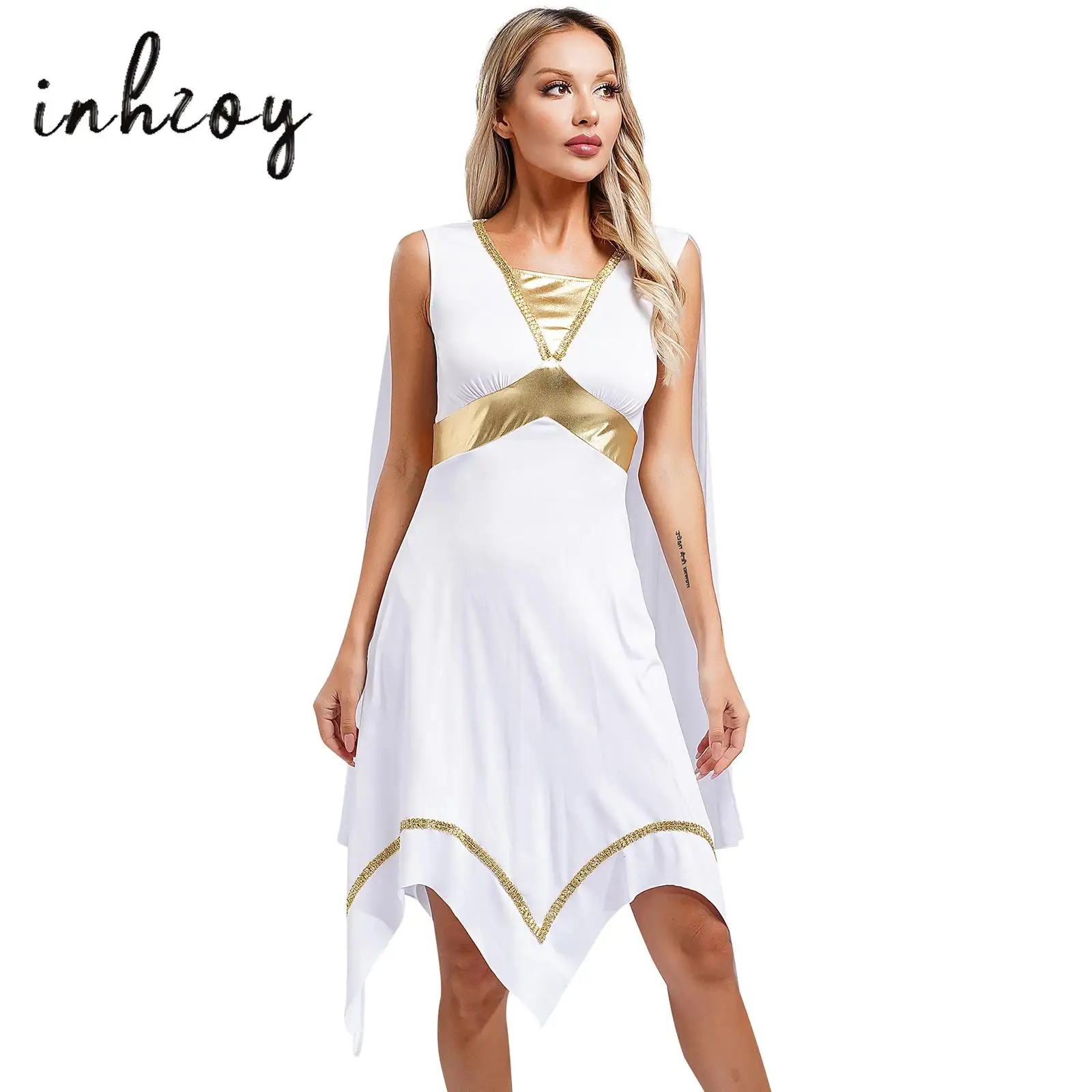 

Womens Ancient Greek Deity Cosplay Costume Chiffon Cap Toga Dress for Halloween Greece Roman Goddness Queen Princess Role Play