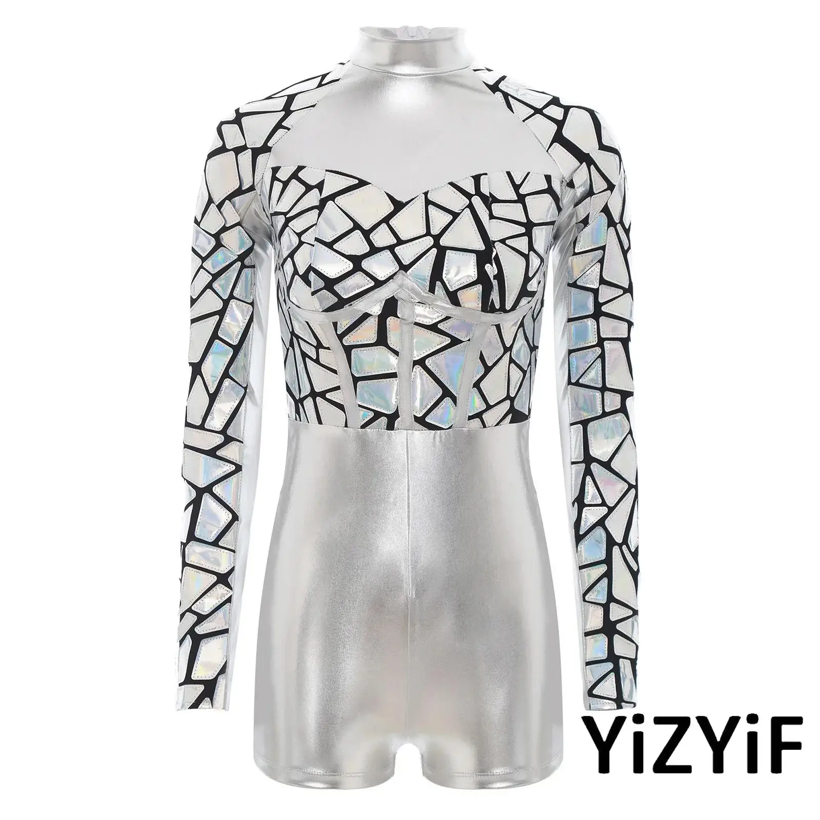 

Women Space Warrior Alien Masquerade Galaxy Jumpsuit Long Sleeves Shiny Metal Patches Leotard for Roly Play Theme Party Carnival