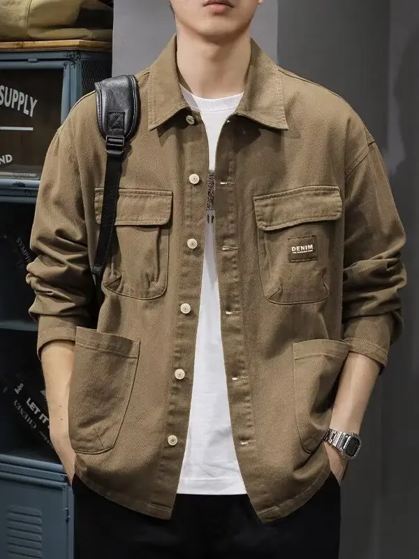

Мужская повседневная куртка 2025 года, весна-осень, новая модель, свободный крой, воротник-стойка, рабочая одежда, корейский тренд, мужская верхняя одежда, топ