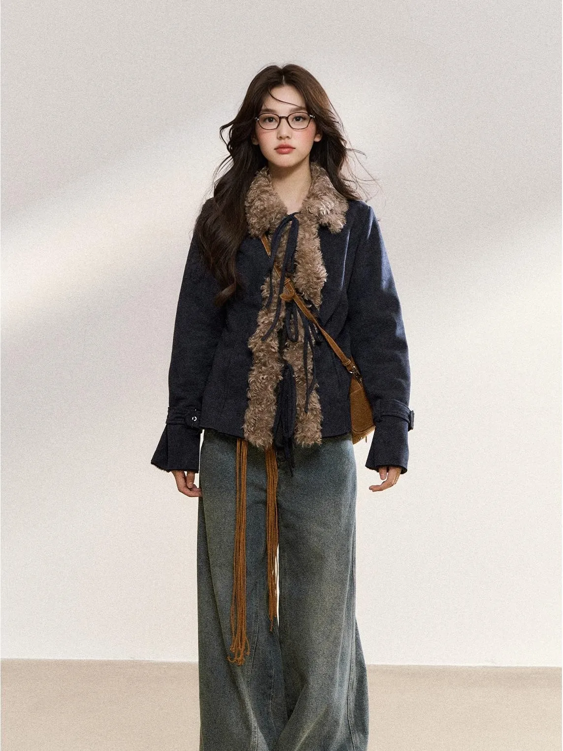 2025 Autunno Inverno delle nuove donne blu vintage high-end giacca di pelle scamosciata marrone slim fit corto patchwork di pelliccia giacca con colletto rovesciato