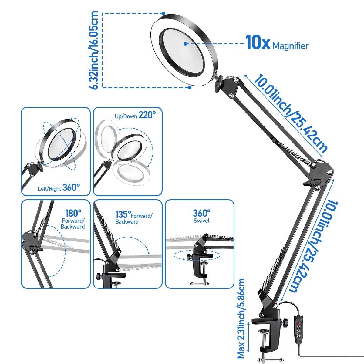 10x vergrootglas met licht en standaard, met 72 LED-licht en 3 kleurmodi Lamp verlicht vergrootglas, voor dichtbij werken