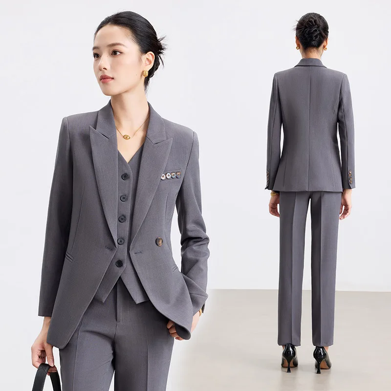 2025Spring and Autumn New Style Elegant Slim Fit Navy Blue Suit Vest Three-Piece Set Fashionable Commuter Suit Professional Form