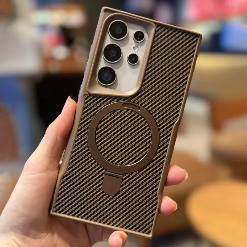 

Phone Case Carbon Fiber Texture for Samsung Galaxy S25 S24 S23 S22 Ultra Plus Magsafe Holder Wireless Charging Protective Cover