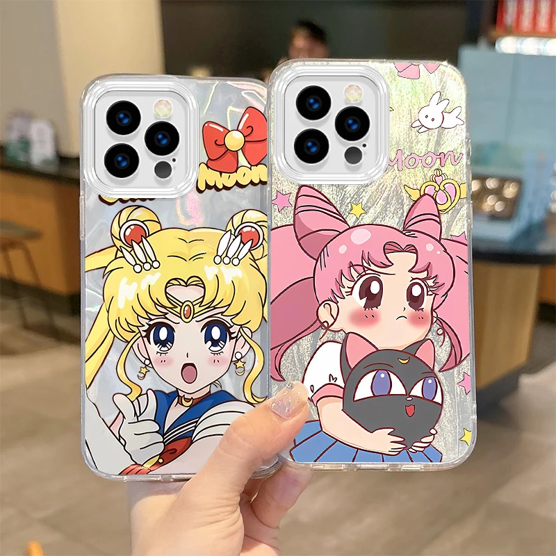 Lovely S-Sailor Moons Cartoon Gradient Phone Case for iPhone 16 15 14 13 12 11 8 7 6 Pro Max Plus XS XR Hard Non-Slip Back Cover