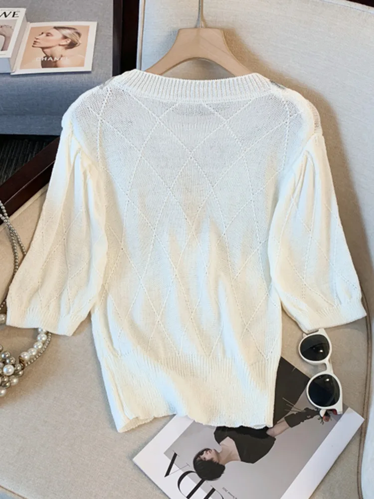 SMTHMA 2024 New Fashion Sequins Design Knitted Short Sleeved Top Women's Versatile Loose Pullover Top Summer Clothing