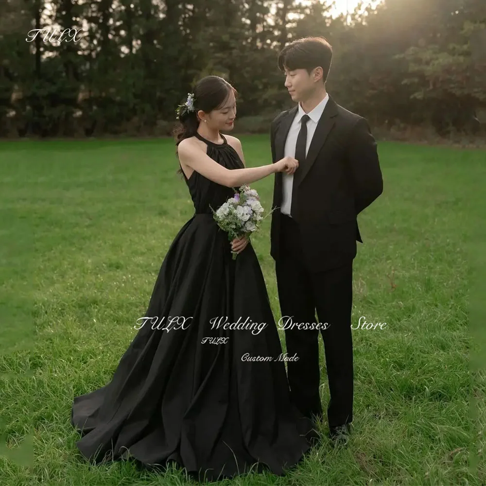 

TULX Korea A-Line O-Neck Wedding Dress Shoot Black Floor Length Bridal Gown Sleeveless Halter Backless 웨딩드레스 2025 Custom Made