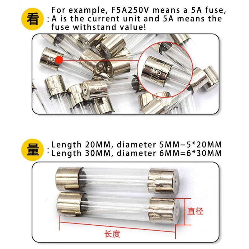 Fast-Blow Glass Tube Fuse 5*20mm  6*30MM 250V  Fuses 0.1A 0.2A 0.5A, 1A, 2A, 3A, 5A, 6A, 7A 8A, 10A, 12A 15A, 20A 25A 30A