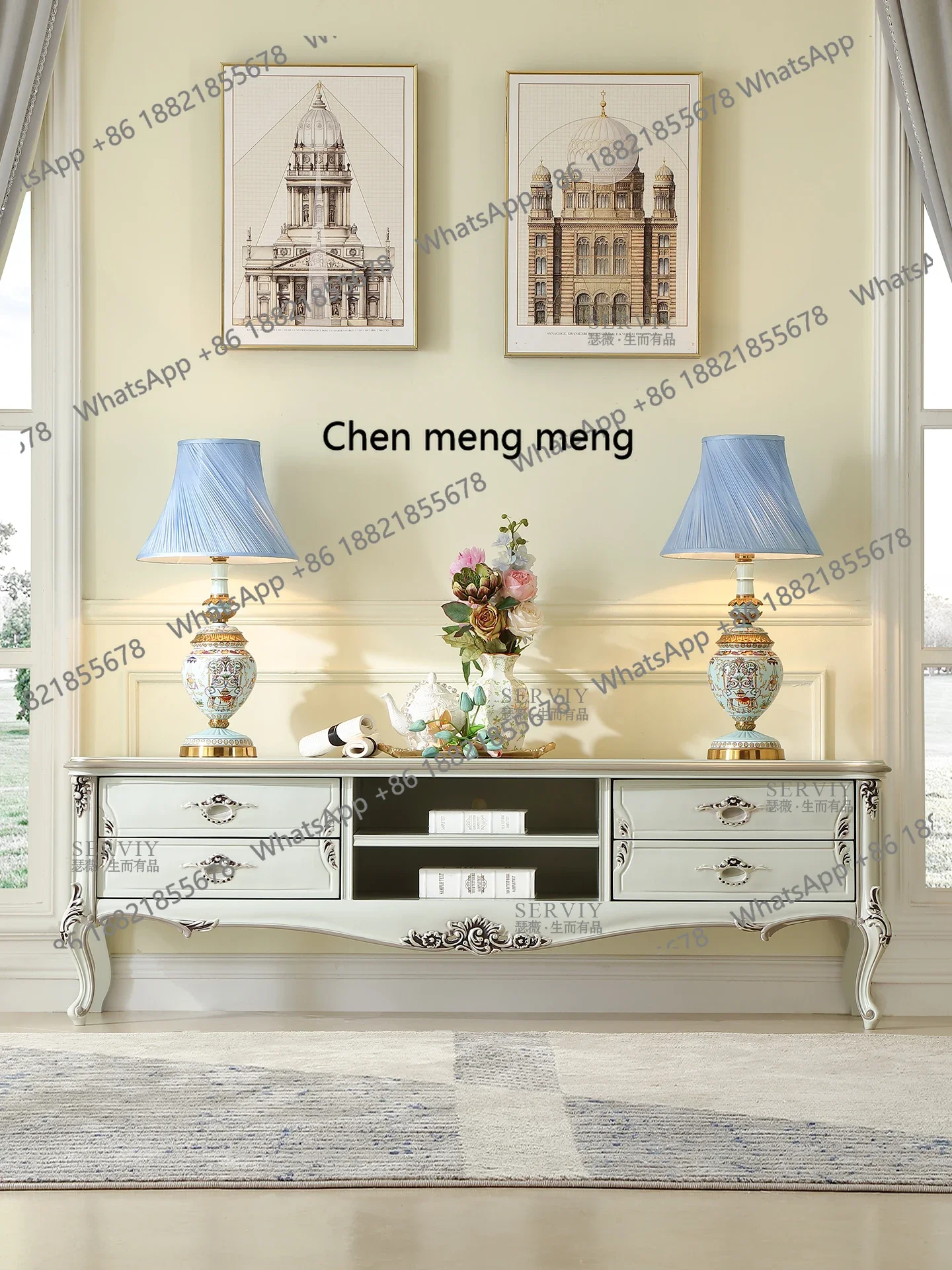 

French pastoral solid wood TV cabinet 1.8M floor cabinet storage locker