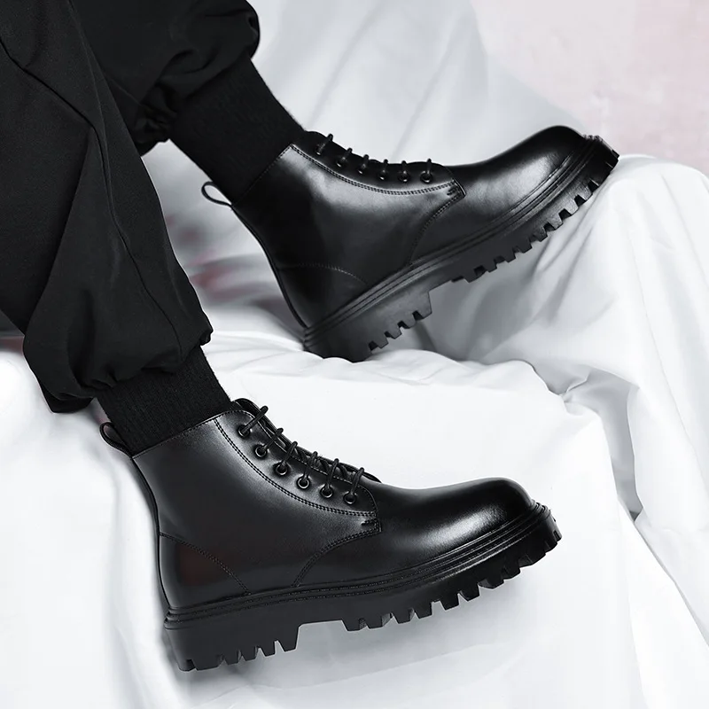 

men's casual business office platform shoes genuine leather shoes cowboy spring autumn boot gentleman handsome ankle botas male