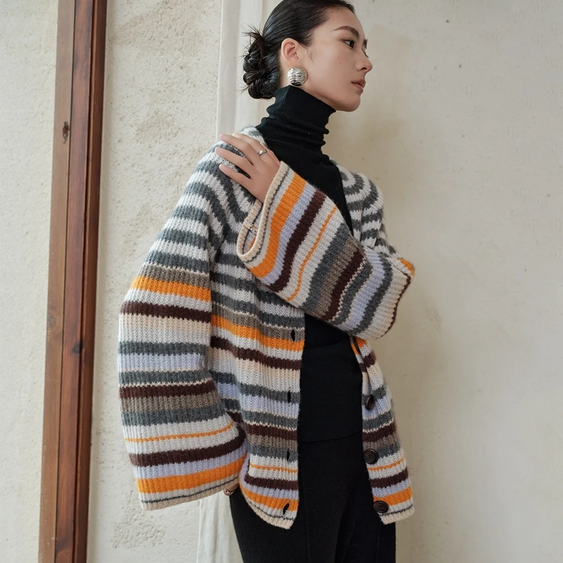 

Вязаный свитер из чистого кашемира с V-образным вырезом, полосатый кардиган, женская модная осенне-зимняя теплая верхняя одежда, повседневный комфортный крой