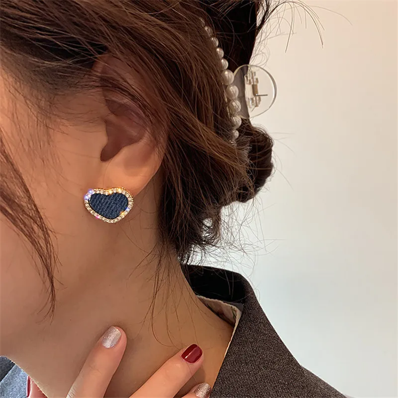 Geometric Earrings Denim Square Round Stud Earrings Korean Trend Heart Crystal Earring For Women Girl Fashion Jewelry Party Gift