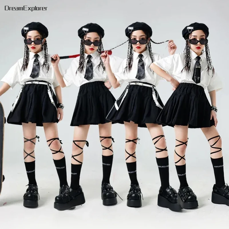 Hip Hop Girls Shirt Street Dance K-pop Plaid Tiered Skirts Kids School Uniforms Streetwear Children Jazz Costumes Clothes Sets