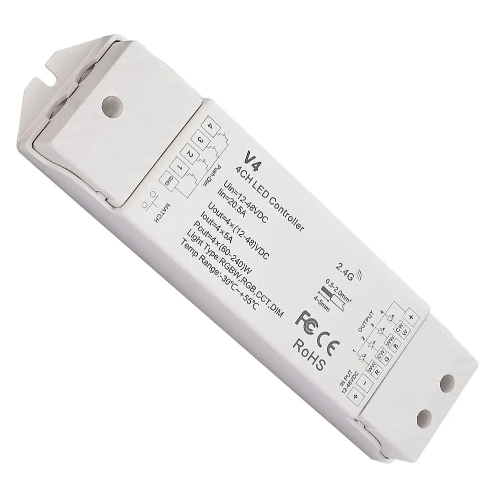LED Controller 4 Channel for RGBW RGB and Tunable White Strips with Memory Function and Fade On Off Capability